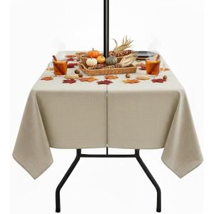 Outdoor Tablecloth with Umbrella Hole - Patio Table Cloth Zippered Square 60x60 Inch, Linen-Look Polyester Table Cover Water Resistant for Picnic Outside, Natural Color