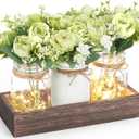 Mkono Mason Jar Lights Centerpiece Table Decor for Dining Room Farmhouse Wood Tray with 3 Jars Flowers Valentines Day Decoration for Coffee Table Kitchen Living Room Wedding