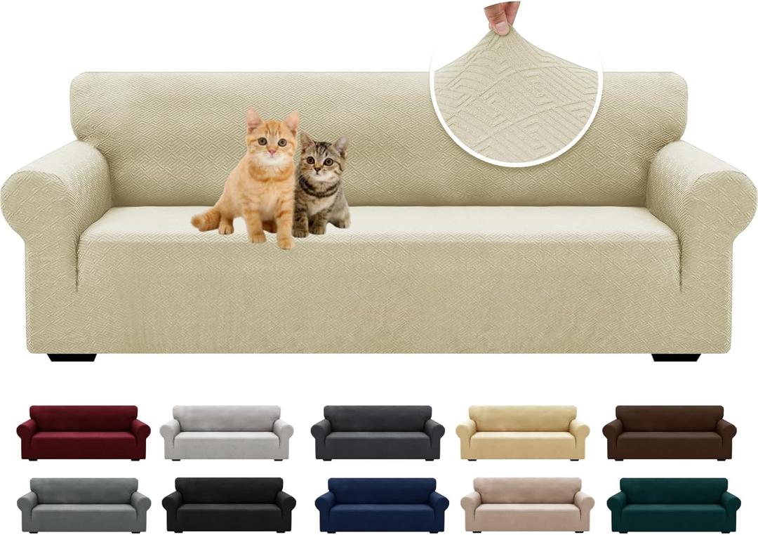 XINEAGE New Extra Large Couch Cover for 3 Cushion Couch (91"-110") 1 Piece Stretch Oversized Sofa Slipcovers Jacquard 4 Seater Furniture Protector Elastic Bottom for Kids,Pet (XL Sofa, Light Beige)