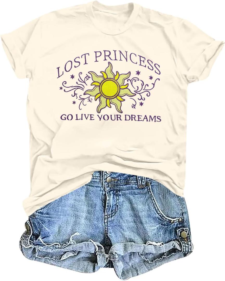 Magic Princess Shirt Embroidered Sun Graphics Shirts Cute Sunshine Tshirts Vacation Short Sleeve Tops (Beige, L)