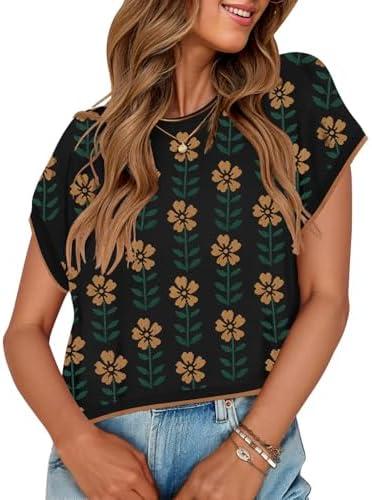 ZESICA Womens Summer Casual Printed Tops Cap Sleeve Crew Neck Cute Knit Sweaters 2025 Trendy Clothes Outfits, Medium Size
