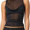 Women Sheer Mesh Tank Top Y2k Sleeveless See Through Ruched Tops, Small