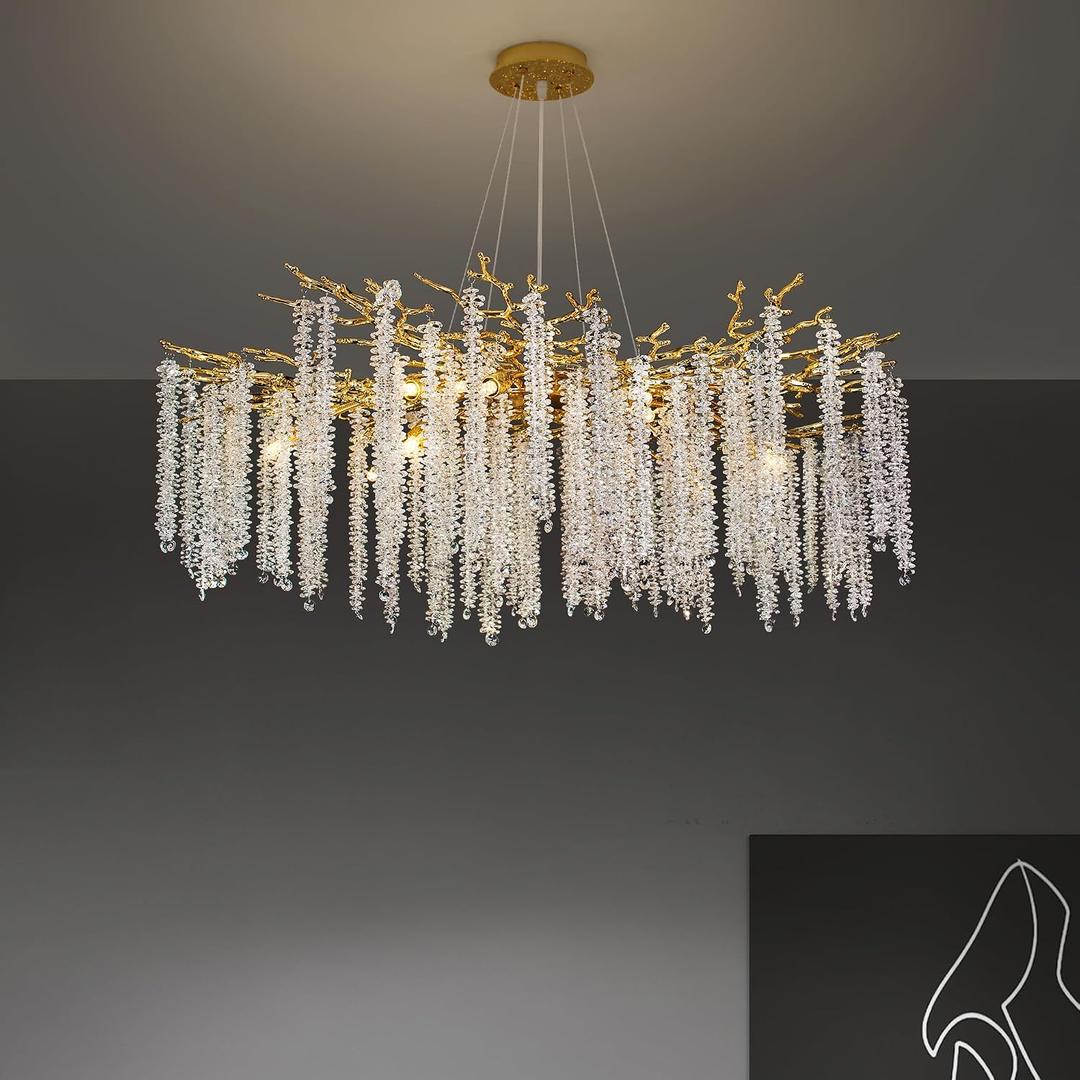 Tree Branches Chandeliers Luxury Round Raindrop Crystal Pendant Light 15 Lights Tassel Ceiling Hanging Light for Dining Room Bedroom Living Room Entryway 39.5" Gold, Round D39.4" Gold