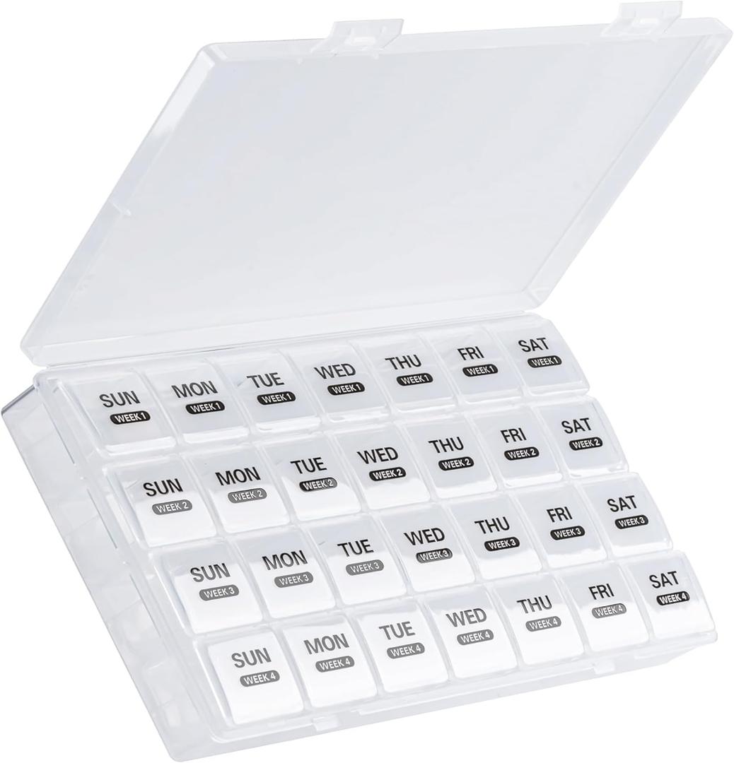 Monthly Pill Organizer, 28 Day Pill Box 1 Time a Day with Dust-Proof Case, Large 4 Weeks a Month Pill Case Container, Daily Vitamin Case Box for Pills/Medicine/Fish Oil/SupplementsWhite