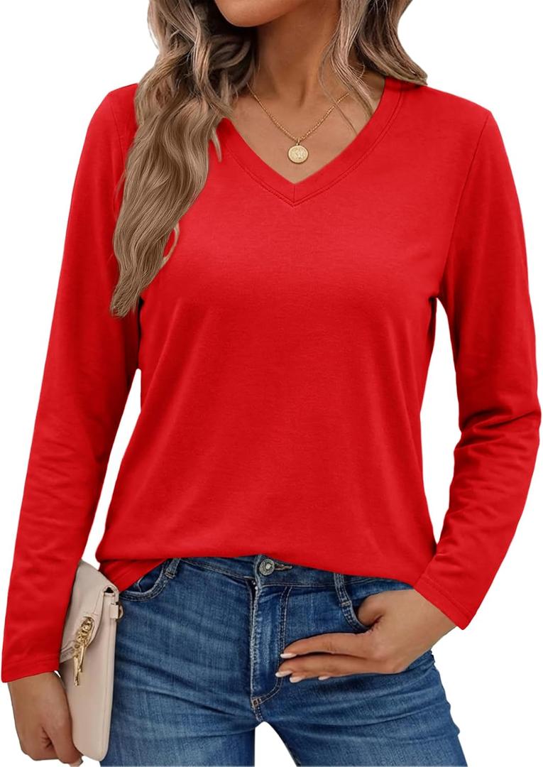 SMENG Women's Long Sleeve Shirts V Neck Cotton Blend T-Shirt Solid Color Breathable Comfy Basic Tee (Medium)