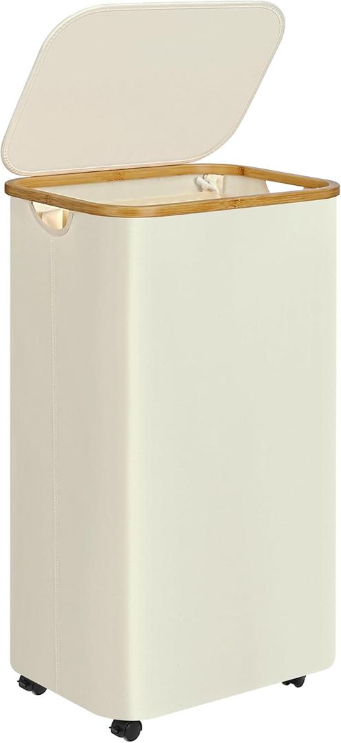 Large Laundry Basket with Wheels,100L Hampers for Laundry,Freestanding Laundry Hamper with Lid and Bamboo Handles,Collapsible & Waterproof Tall Cloth Hamper for Dorm Family(Beige)