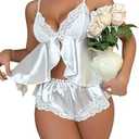 Women's 2 Piece Lingerie Set Floral Lace Tie Back Satin Bow Front Lingerie Pajama Set Sleepwear, White, Size Medium