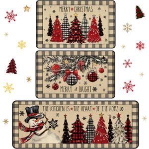 3 Pcs Christmas Kitchen Rug and Mat Set Washable Buffalo Plaid Xmas Tree Kitchen Floor Mats Non Slip Farmhouse Merry Christmas Doormat Holiday Xmas Decor for Home Office Bathroom Party Decor (Black,White)