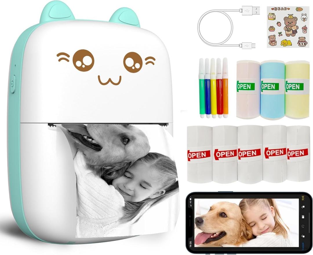 Mini Printer Portable, Inkless Sticker printer with 8 Rolls Paper, Bluetooth Wireless mini thermal printer Compatible with iOS + Android for Journal, Memo, Photo, Print Pod Gifts for Girls Kids