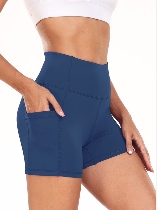 YITTY Active Women's UltraLuxe High Waist Pocket Biker Shorts – 3" Tummy Control, Compression, Breathable & Activewear (Blue, M)