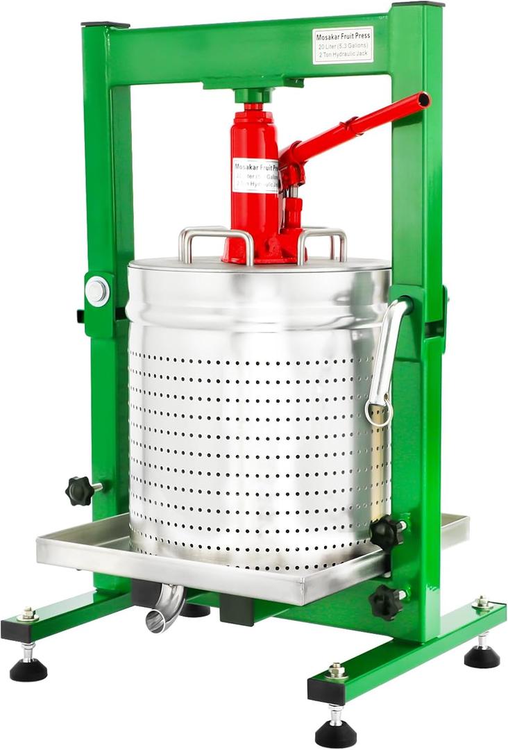 5.28 Gallon / 20L Mosakar Hydraulic Fruit Press. 2 Ton Pressure. Parts contact with Juice are AISI 304 Stainless Steel. Home Grape Juice Apple Cider Press