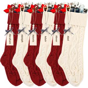 18 Inches Personalized Christmas Stockings: 6 Pack Red Ivory Knit Christmas Stockings Set with Name Tags Christmas Decor Neutral Xmas Decorations Holiday Farmhouse Indoor Rustic Home Decor