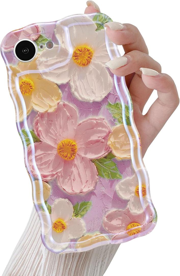 QLTYPRI Case for iPhone 17e/16e, Laser Colorful Retro Oil Painting Flower Pattern Cute Curly Wave Border Exquisite Phone Case for Girls Women, Shockproof TPU Protective Phone Cover - Pink