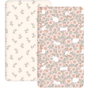 Pack and Play Sheets 2 Pack, Fitted Jersey Knit Mini Crib Sheets for Baby Boys and Girls, Compatible with Graco Pack N Play and Mini Crib Mattress (Bunny Garden, Pack N Play/Mini Crib Sheets)