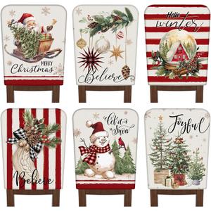 FuWeave 6 Pcs Christmas Chair Covers Vintage Christmas Chair Back Covers Red and White Xmas Chair Protector Slipcovers Washable Winter Dining Room Seat Covers for Home Hotel Kitchen Decorations