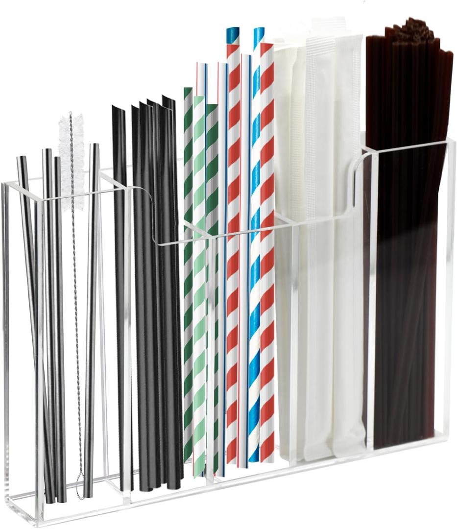 Weiai Acrylic Straw Organizer Holder for Counter Cabinet, 5 Slot Straw Dispenser with 2 Installation Methods for Kitchen Caf Bar, Clear