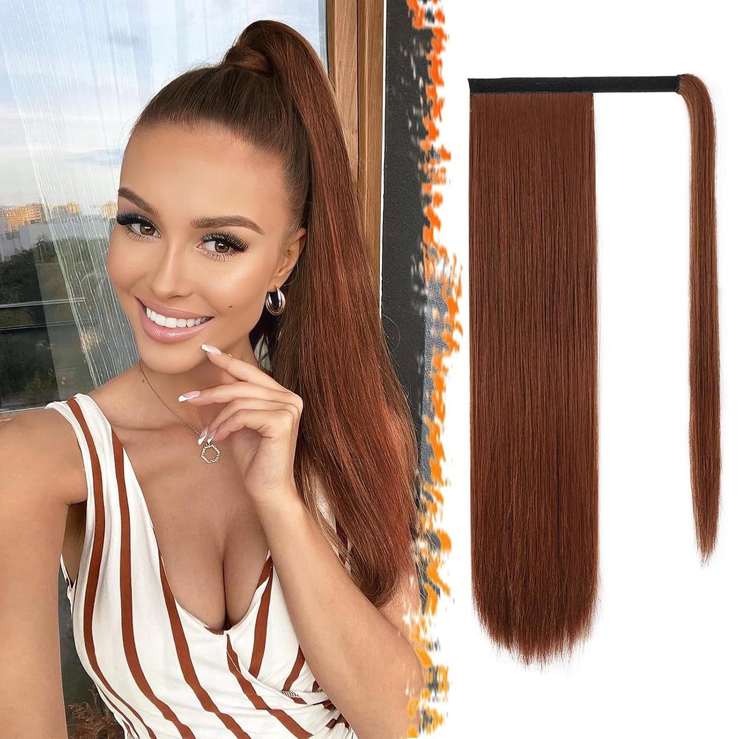 BARSDAR Auburn Straight Ponytail Extensions - 18 Inch Long Straight Wrap Around Ponytails for Women, Clip in Ponytail Hair Extensions Synthetic Pony Tails Hairpieces - Medium Auburn