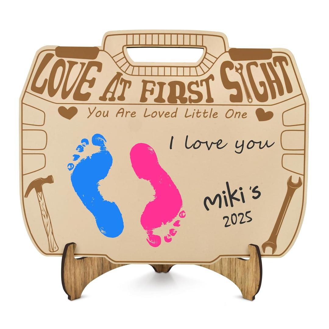 DIY Baby Footprint Art Craft Kit for Fathers, Personalized First Father's Day Gifts from Baby for New Dad, Birthday Gift for Newborn Footprint Sign Kit, DIY Baby Keepsake Sign Plaque (Toolbox)
