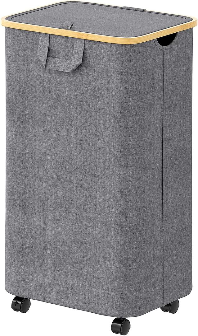 SpaceAid Laundry Hamper with Wheels and Lid, 26 Gal (100L) Rolling Clothes Basket with Bamboo Handle, Large Laundry Hamper for Bedroom, Bathroom, Dorm, Laundry Room - Grey