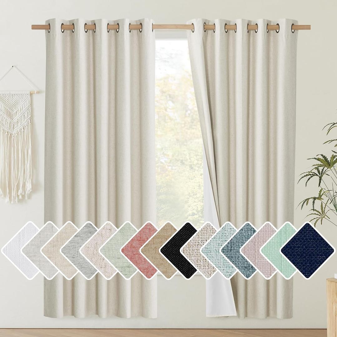 NICETOWN Natural Bedroom Full Blackout Linen Curtain Panels Set of 2, 62" by 72", Thick Insulated Classic Grommet Blackout Draperies with White Thermal Insulated Liner for Windows