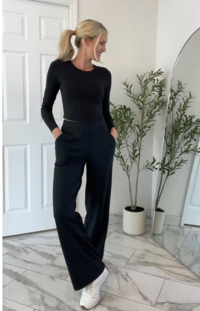 AFITNE Women’s Wide Leg Yoga Pants with Pockets 29”/31” Stretchy High Waist Pull On Wideleg Pants Casual Lounge Trousers, L