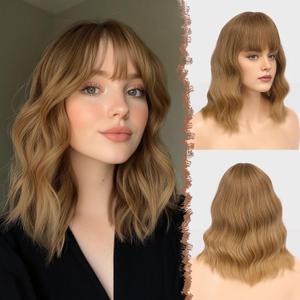 FESHFEN Brown Ombre Blonde Bob Wig with Bangs, Shoulder Length Wavy Synthetic Short Hair Wig for Women Party Daily Use, 14 inch