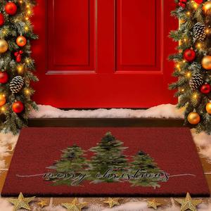Lanpn Christmas Welcome Natural Coir Door Mat, Merry Christmas Tree Large Coco Front Door Outdoor Doormat Outside Entrance Porch Non Slip Rubber Rug Winter Xmas Farmhouse Decor (Red, 36x24 inch)