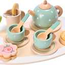 15pcs Wooden Tea Set for Little Girls, MONT PLEASANT Wooden Toys, Toddler Tea Set Play Kitchen Accessories Play Food playset for Kids Tea Party