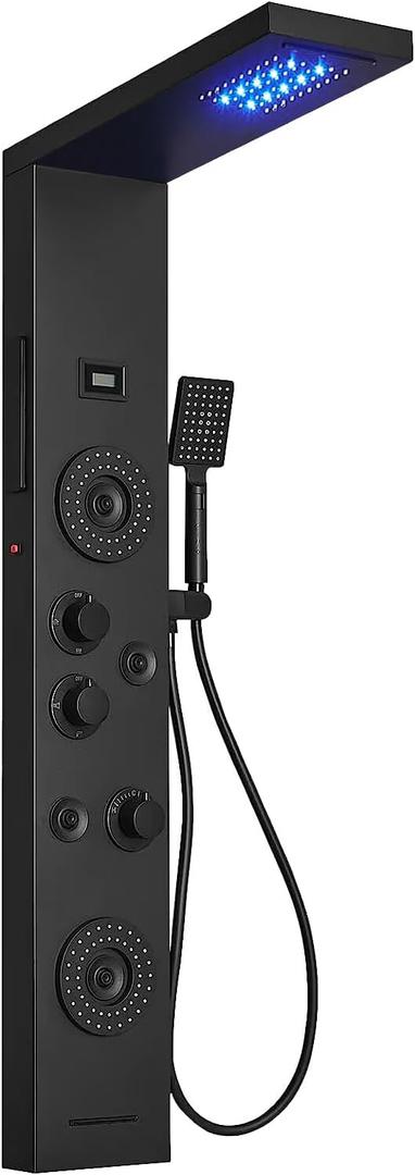 BWE Shower Panel with LED Rainfall Waterfall Shower 6-Function Faucet 4 Mist Jets 2 Body Sprays with Handheld and Waterfall Tub Spout Shower Tower System Matte Black