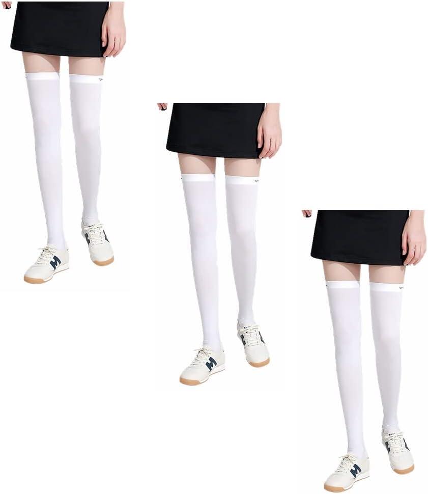 Hopply Golf Sun Protection Socks UPF50+ Overknee Stocking Ice Silk Breathable Cool Socks for Women School Outdoor Sports (One Size, 3 Pairs-Long(White))