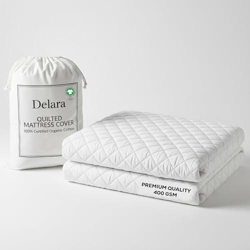 Delara 100% Organic Cotton Quilted Mattress Protector, GOTS Certified, Ultra-Soft Cooling & Breathable, 400 GSM Plush Padding, Deep Pocket 18 Inches, Machine Washable (King 78"x80")
