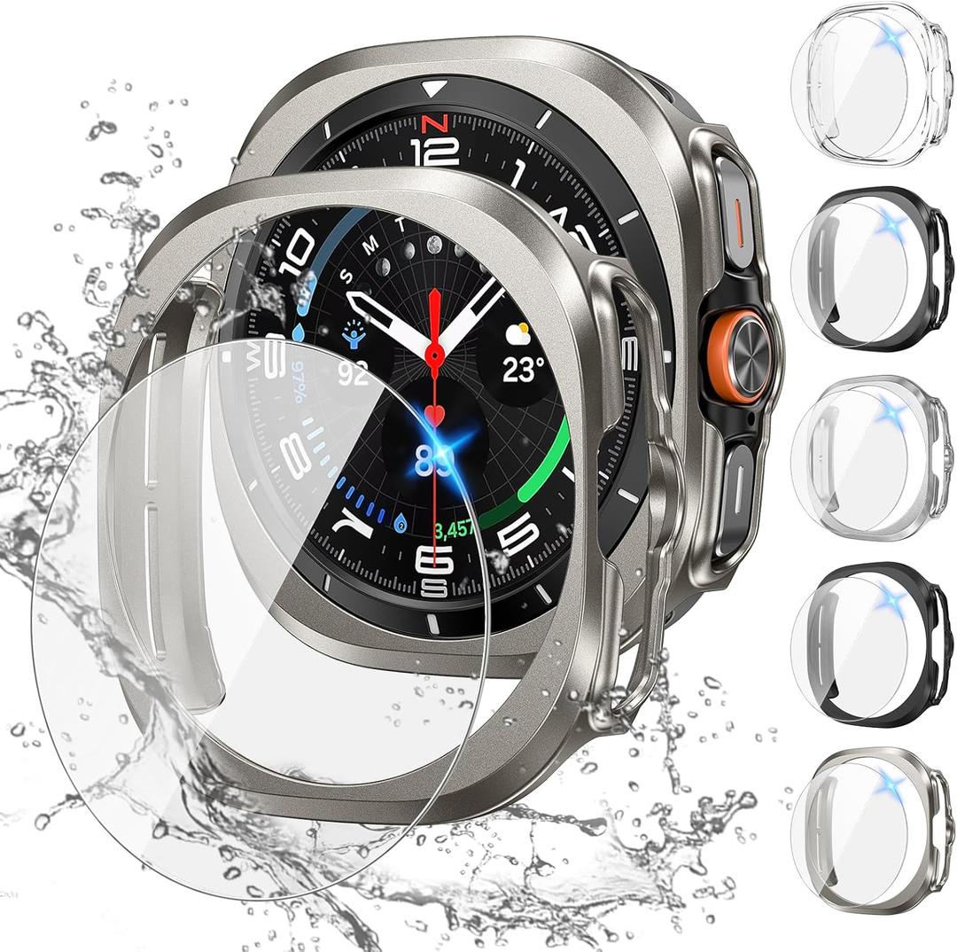 Tensea [5+5Pack for Samsung Galaxy Watch 7 Ultra Screen Protector Case 47mm Accessories, Hard PC Bumper/HD Anti-Fog Tempered Glass Protective Film, Face Cover Set Galaxy Watch 7 Ultra Case Women Men (Clear/Titanium Gray/Titanium Silver/Titanium Black/Black)
