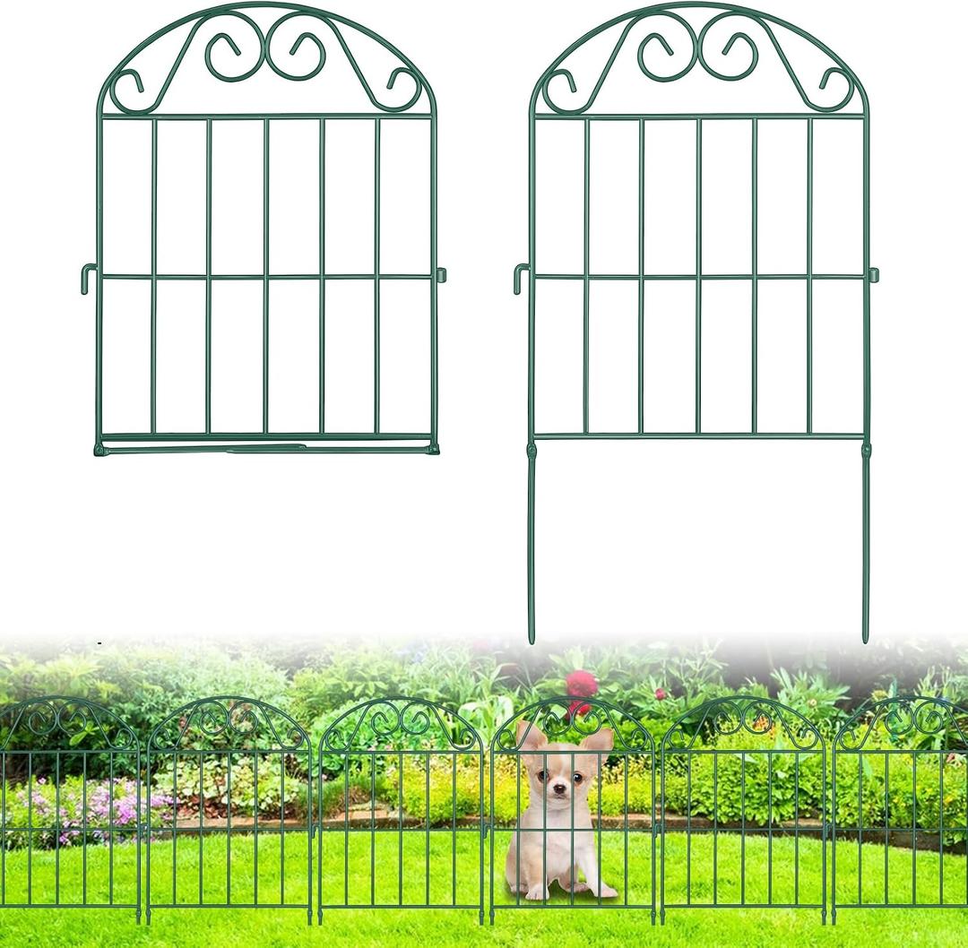 ADAVIN 10 Panels Collapsible Garden Fence Animal Barrier,10 Ft(L) x 24 in(H) Green Rustproof Metal Wire Panel Border for Dogs Rabbits, Flower Edging for Landscape Patio Yard Outdoor Decor, Arched