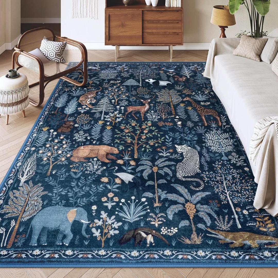 OJIA Jungle Print Rugs for Living Room 8x10 Washable Area Rugs for Bedroom, Modern Non-Slip Ultra-Thin Soft Large Carpet Non-Shedding Nursery Rug for Teens Kids Playroom Dining Room Home Decor (Blue)