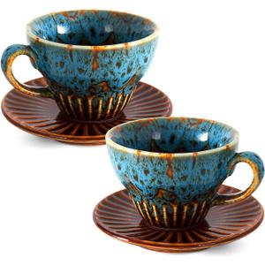 2 oz Espresso Cups Set of 2, Ceramic Cappuccino Cups with Saucers, Durable Porcelain Tea Set & Modern Coffee Cup Collection, Coffee Lover Gifts, Glazed Blue