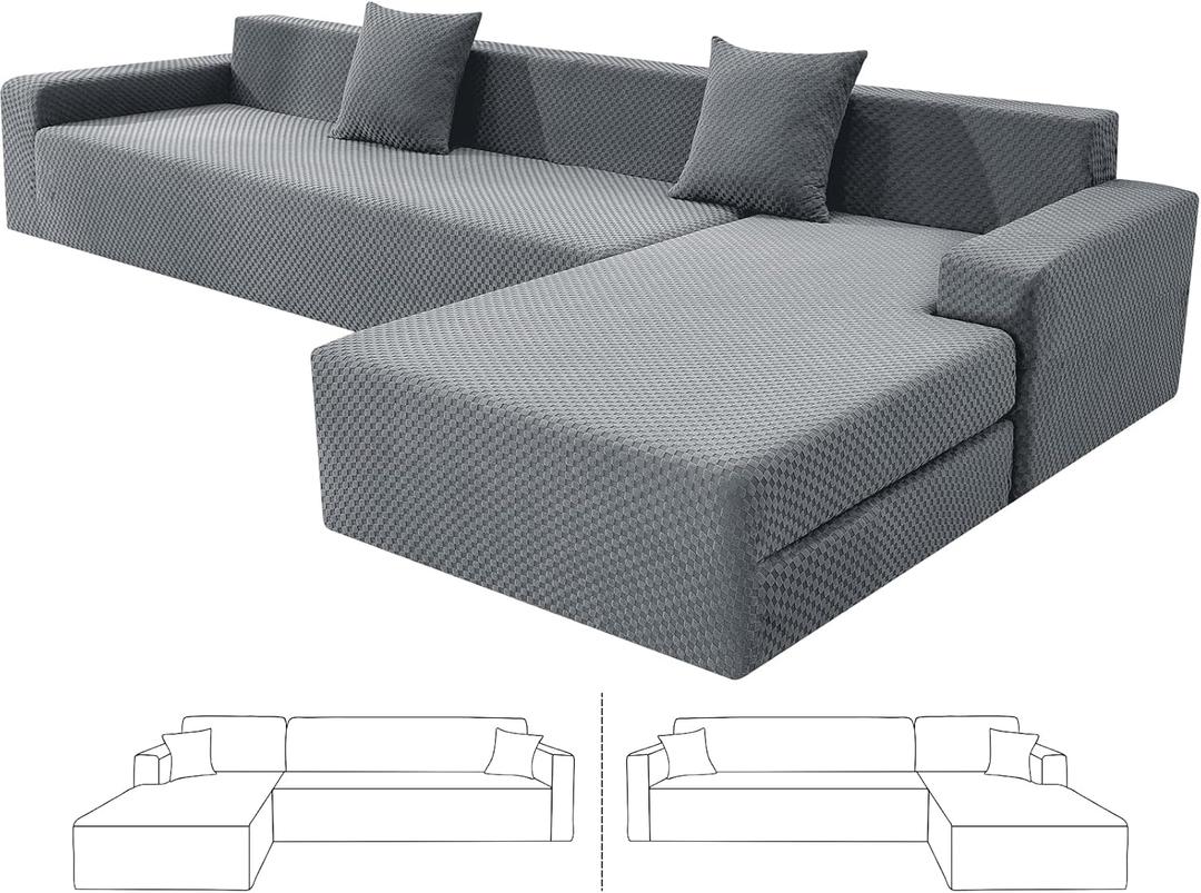 ZNSAYOTX Sectional Couch Covers, Stretch Jacquard Slipcovers with Elastic Bottom for L-Shape Sectional Sofa, 2 Pcs Pet Friendly Modular Sofa Protector (3 Seat Couch + 3 Seat Chaise, Light Grey)