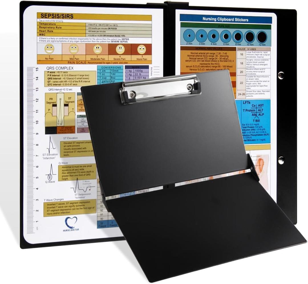 Nursing Clipboard with Nursing and Medical Edition Cheat Sheets Nursing School Essentials - Aluminum Foldable Nurse Clip Boards Essential Accessory for Efficient Patient Care (Black)