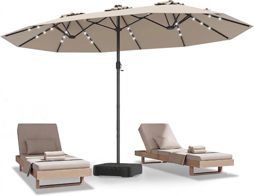 DomeShade 15ft Patio Umbrella with Base Included Solar Lights,Beige