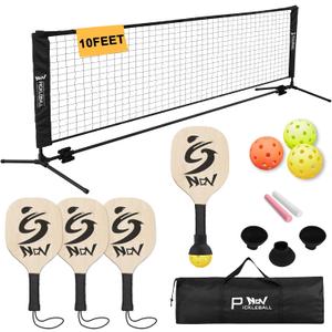 NQV Pickleball Set with Net-10FT Half Court Size Pickleball Net+Wood Pickleball Paddles+Pickle Balls+Ball Retrievers+Pickleball Court Marking Kit, Portable Driveway Outdoor Indoor for Beginners Pros