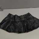 OYOANGLE Women's Pu Leather Buckled Mini Skirts Low Waist Pleated A Line Short Skirt (Medium)