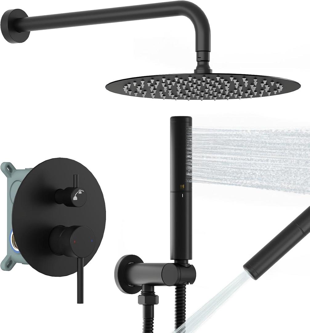 BESy Shower System with 10 Inch Round Rain Shower Head and Handheld Wall Mounted, High Pressure Rainfall Heads Shower Faucet Fixture Combo Set with 2 in 1 Spray Showerhead for Bathroom, Matte Black