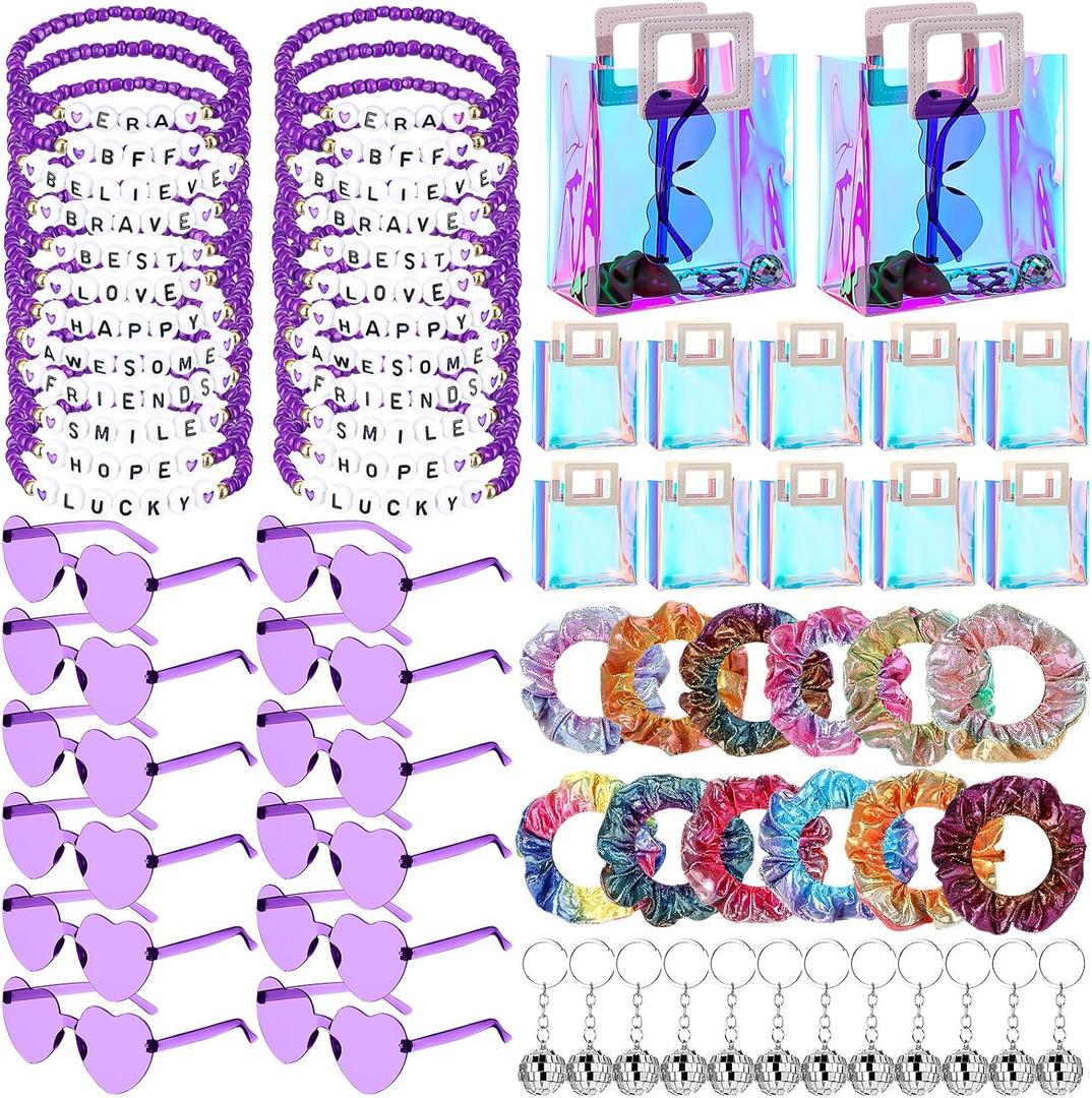 Geiserailie 72 Pcs/12 Set Party Favors Friendship Gifts Bead Bracelets Disco Ball Keychains Sunglasses Scrunchies Bags for Girls Women Popular Singer Fans Party Kpop Birthday Decorations (Purple)