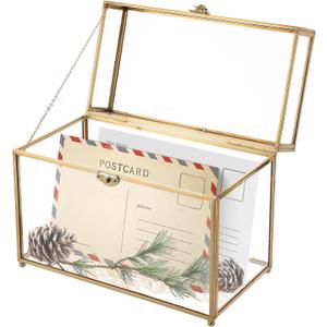 Golden Vintage Glass Keepsake Box | Wedding Card Box Glass Jwelry Lidded Box Decorative Box for Display,Clear Rectangle Box Rings Bracelet Earring Organizer (10 x 5.7 x 7.8inch, Large Capacity)