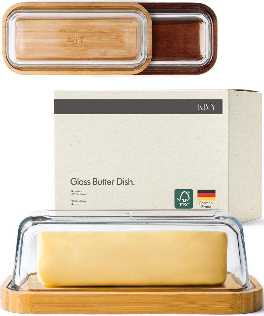 KIVY Glass Butter Dish with Airtight Lid – Keeps Butter Soft – For Countertop or Fridge Door Shelf – Covered Butter Tray for Refrigerator or Counter – Butter Holder with Lid