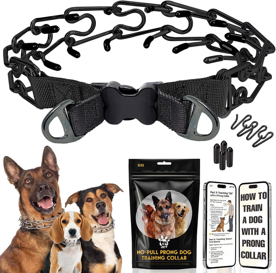 PetJett ProTrainer Prong Collar for Dogs - Choke Collar for Dogs, Pinch Collar for Dog Adjustable No Pull Training Collar for Small Medium Large Dog - Safety Durable Stainless Steel Metal Choker Chain (Medium: 16 - 18" / 50 lbs, Full Black)