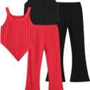 4 x 4 Piece Girls Heart-Shaped Clothing Sleeveless Ribbed Tank Tops and Flared Pants Summer Outfit 5-6Y (Red)