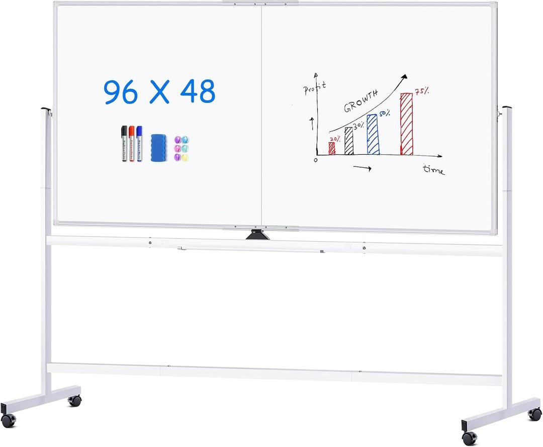 maxtek Rolling Whiteboard, 96x48 Large Double-Sided White Board Dry Erase on Wheels, Giant Magnetic White Board Standing for Office, School, Home Office, Homeschool