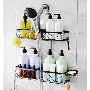 Kadolina Shower Caddy Hanging for Handheld Showerheads, Rustproof Stainless Steel Shower Organizer, Large-Capacity Bathroom Organizer Rack with Soap Dish and Hooks for Razor/Sponge, Black