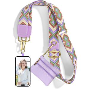 Nipichsha Crossbody Phone Strap with Wallet, Clip and Go Strap for Phone with Wallet, Adjustable Crossbody Cell Belt with Zippered Pouch, Neck Shoulder Cell Lanyard for Women, Purple Geometry