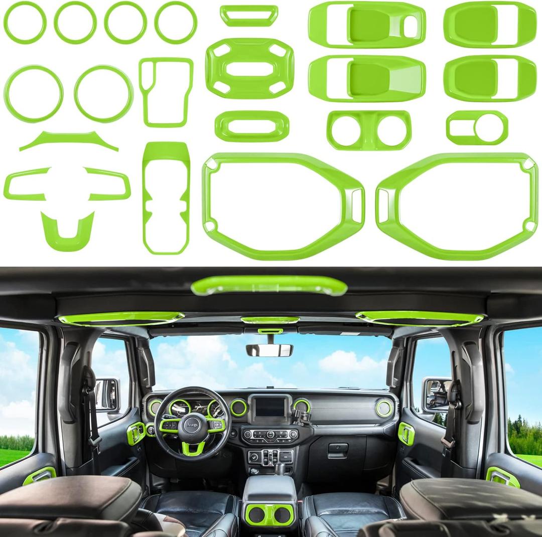 23PCS Full Set Interior Decoration Trim Kit for Jeep Wrangler JL JLU Gladiator JT 2018-2023 Steering Wheel Door Handle Air Conditioning Vent Cup Holder Reading Light Headlight Gear Cover (Green)